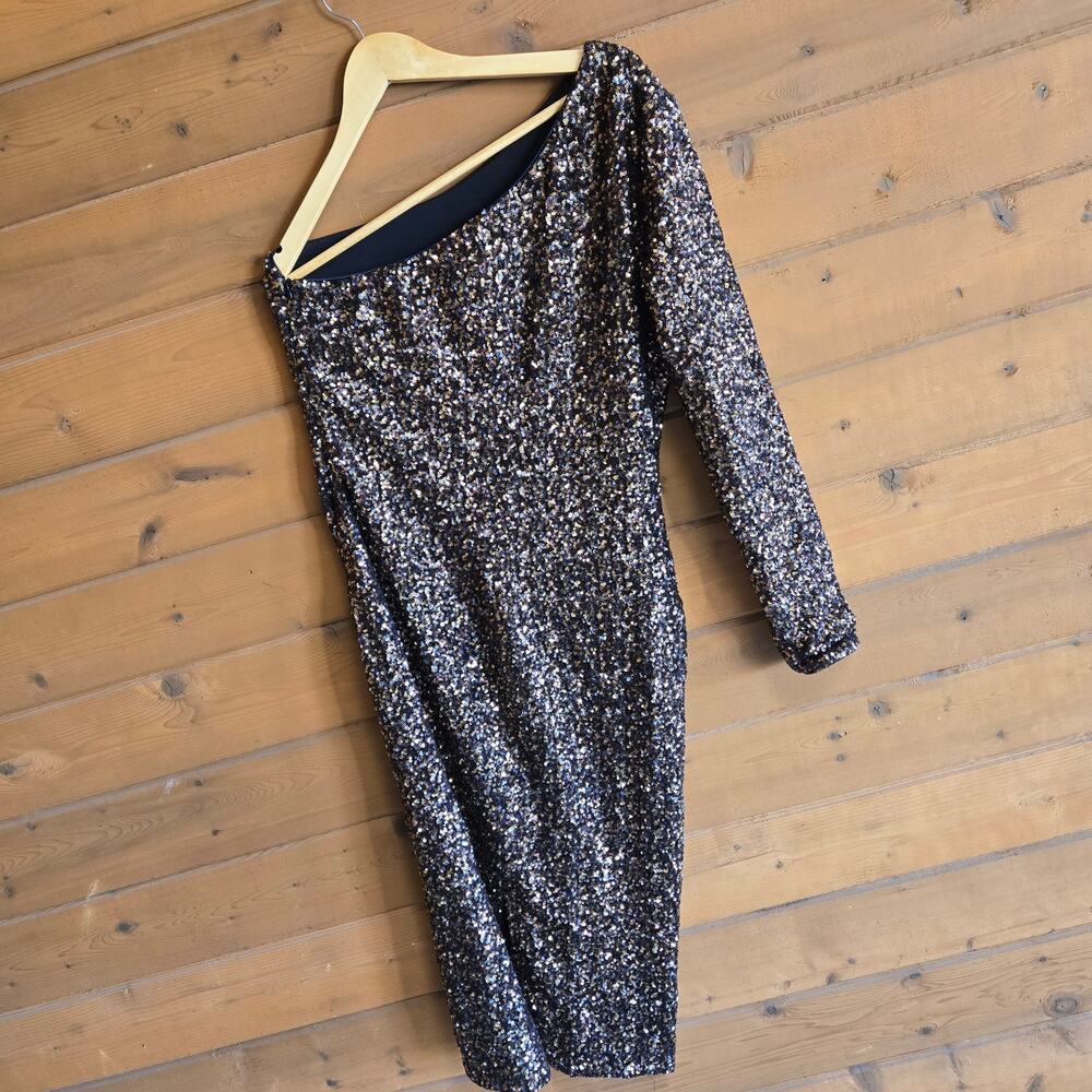 Dress The Population Dress Chrissie Midi Sequin One Shoulder XL Gold Black Glam - Picture 5 of 7